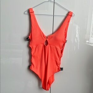 BEBE NWOT Fluorescent Orange Cut-Out One Piece Swimsuit, Size L